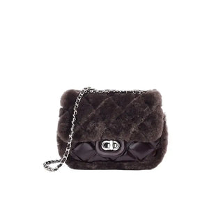 Elegant gray faux fur handbag with chain strap, quilted design, perfect for stylish women.