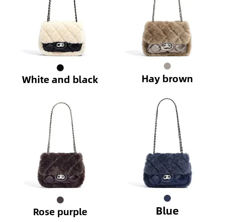 Elegant quilted handbags in white and black, hay brown, rose purple, and blue colors, perfect for stylish accessories.