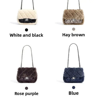 Elegant quilted handbags in white and black, hay brown, rose purple, and blue colors, perfect for stylish accessories.