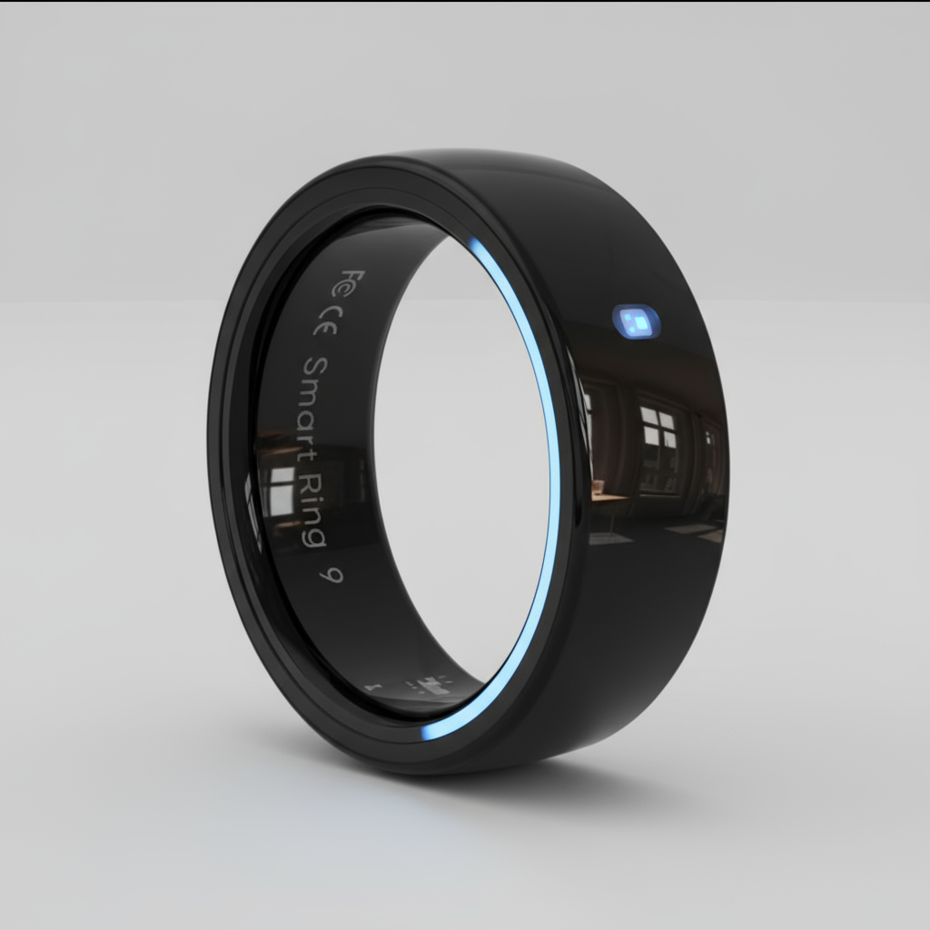 Smart Ring - Fitness Ring for Men and Women, Android iOS in sleek black design with blue indicator light.