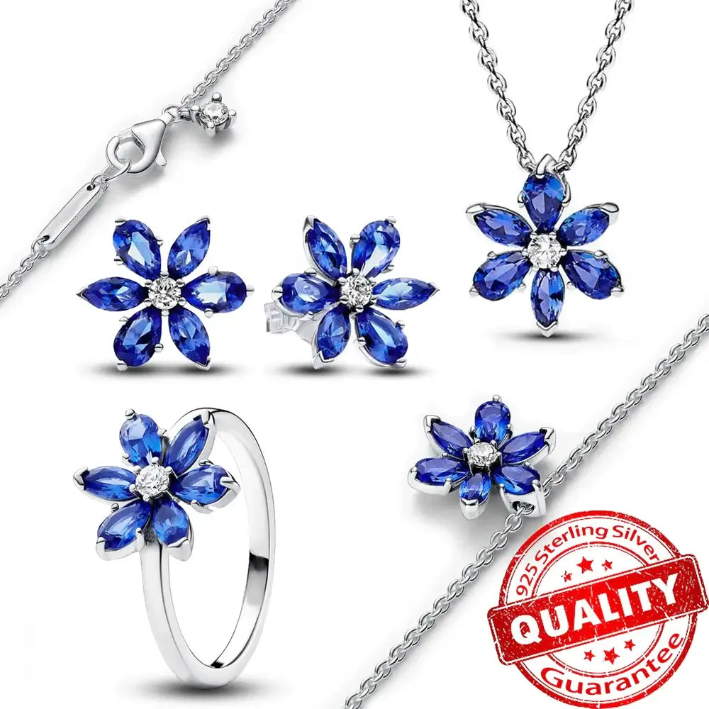 Romantic blue 925 Sterling Silver herbarium jewelry set including necklace, earrings, and ring for women.