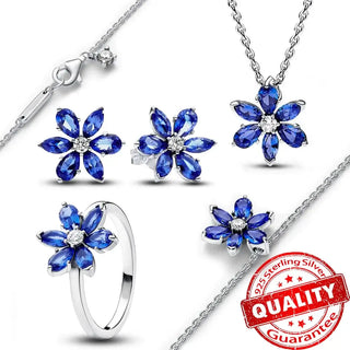 Romantic blue 925 Sterling Silver herbarium jewelry set including necklace, earrings, and ring for women.