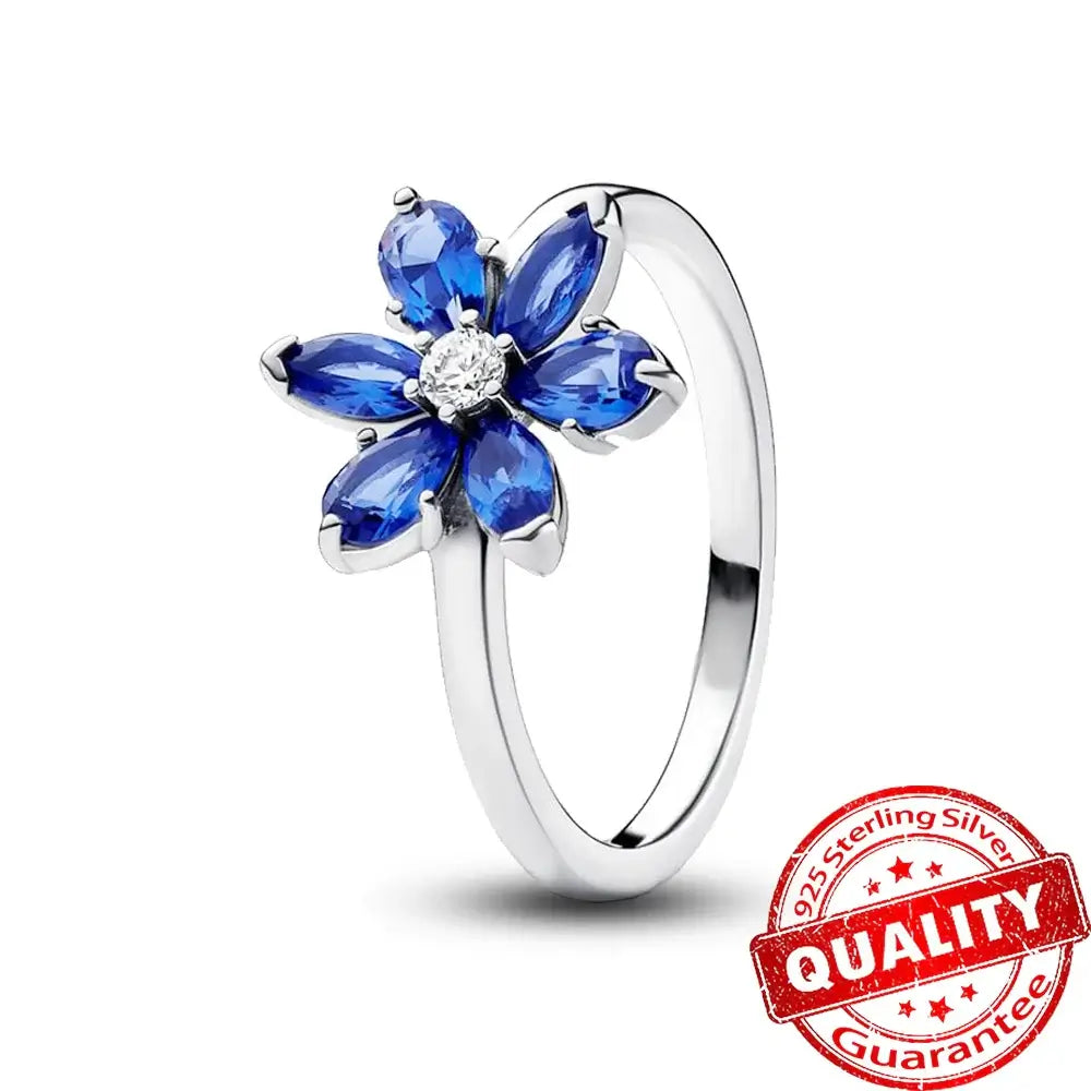 925 sterling silver blue crystal flower ring, luxury romantic jewelry for women.