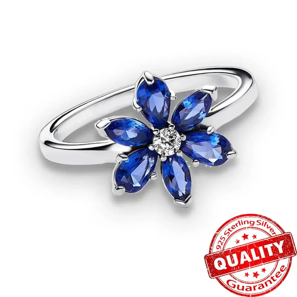 Romantic blue crystal flower ring in 925 sterling silver for women, fine jewelry gift