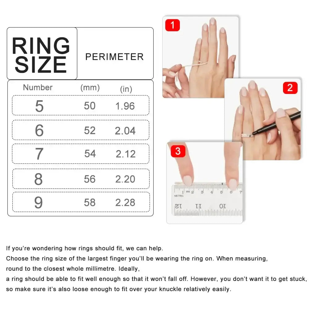 Ring size guide with measurements in mm and inches for accurate fitting, helpful for selecting rings.