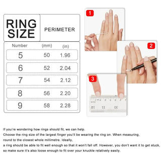 Ring size guide with measurements in mm and inches for accurate fitting, helpful for selecting rings.