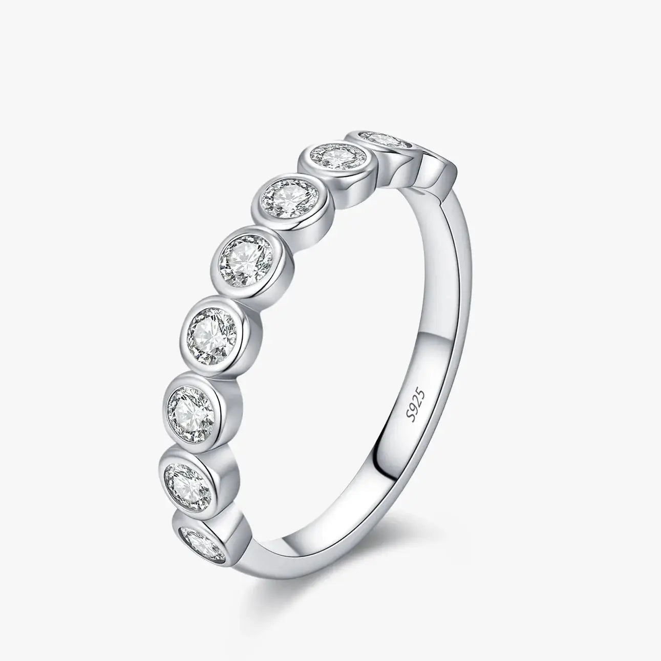 Round Moissanite Eternity Ring 925 Sterling Silver featuring multiple moissanite stones in a sleek bezel setting.