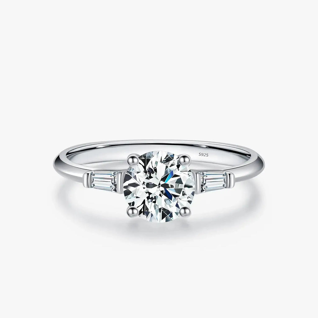 Round Moissanite Ring D Color Lab Diamond – 925 Sterling Silver Wedding Engagement Band with cubic zirconia accents.
