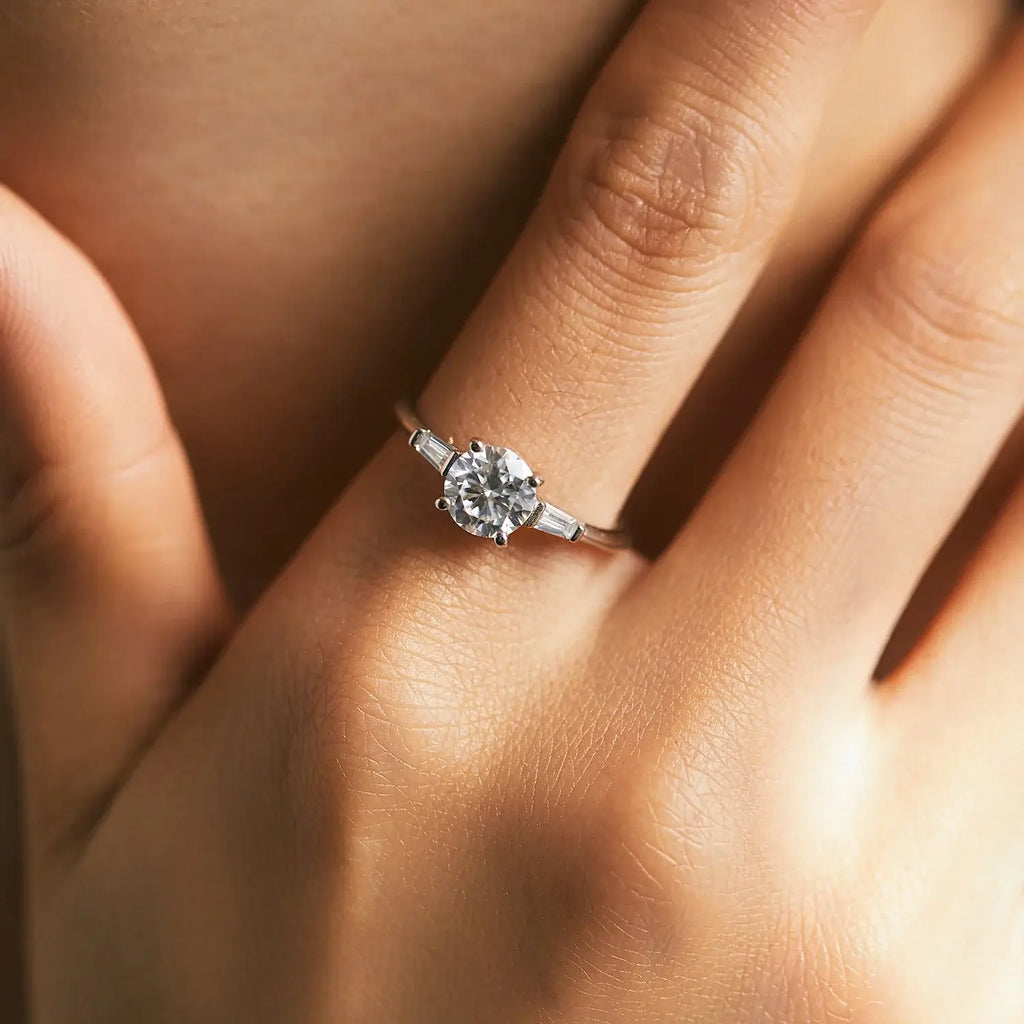 Round Moissanite Ring D Color Lab Diamond – 925 Sterling Silver Wedding Engagement Band worn on a hand with a circular-cut stone.