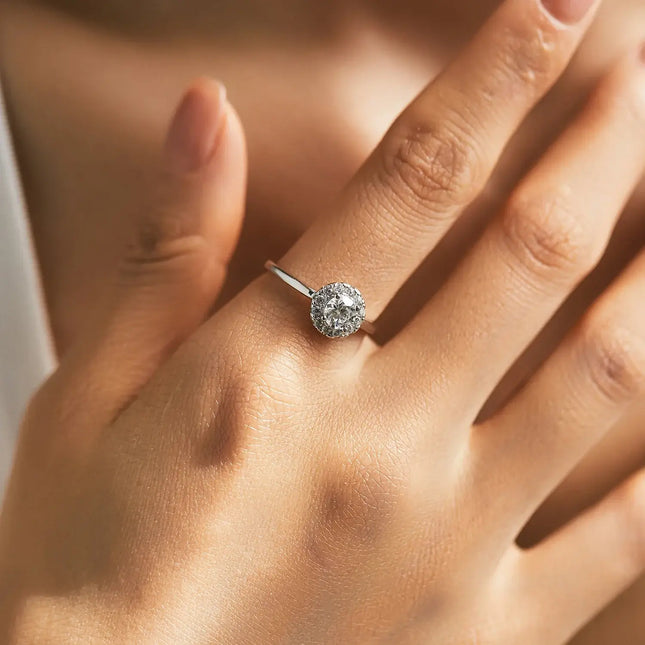 Round Moissanite Ring in 925 Sterling Silver worn on a hand, showcasing its brilliant sparkle and elegant design.