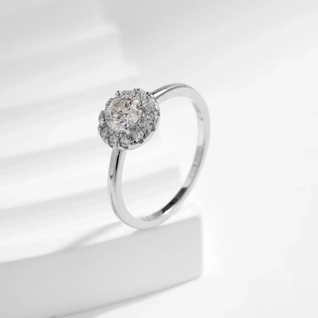 Round Moissanite Ring in 925 Sterling Silver showcasing a round-cut stone with cubic zirconia side accents.