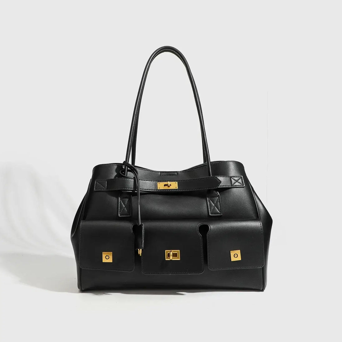 Black Tote Bag With Zipper Pocket featuring a stylish design and gold accents, perfect for women and unisex use.
