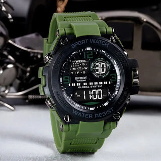 Mens Digital Sport Watch in green, waterproof electronic stopwatch with sporty design and features.