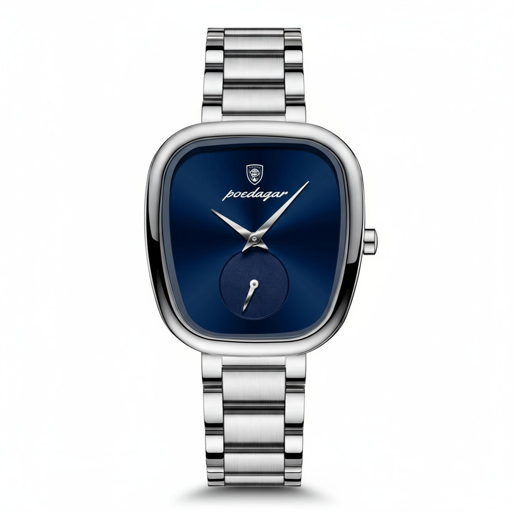Wristwatch for Woman Waterproof Stainless Steel with a stylish navy blue face and stainless steel band.