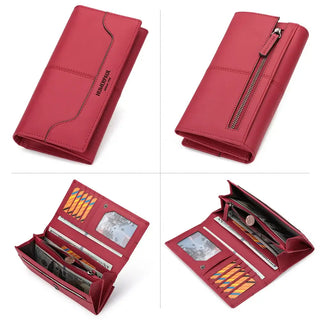 Genuine Leather Wallet in red with multiple compartments and zipper, designed for women's accessories.