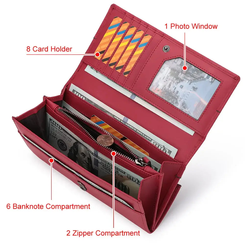 Genuine Leather Wallet with 8 card holders, 1 photo window, 6 banknote compartments, and 2 zipper compartments.
