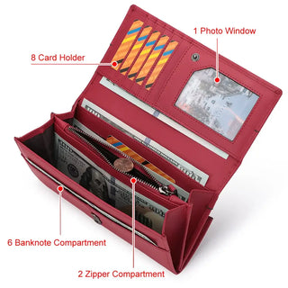 Genuine Leather Wallet with 8 card holders, 1 photo window, 6 banknote compartments, and 2 zipper compartments.