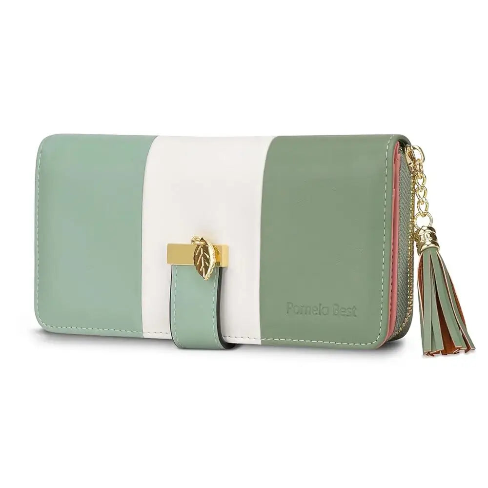 Womens Wallet RFID Blocking Genuine Leather Multi Credit Card in green and white with button closure and tassel.