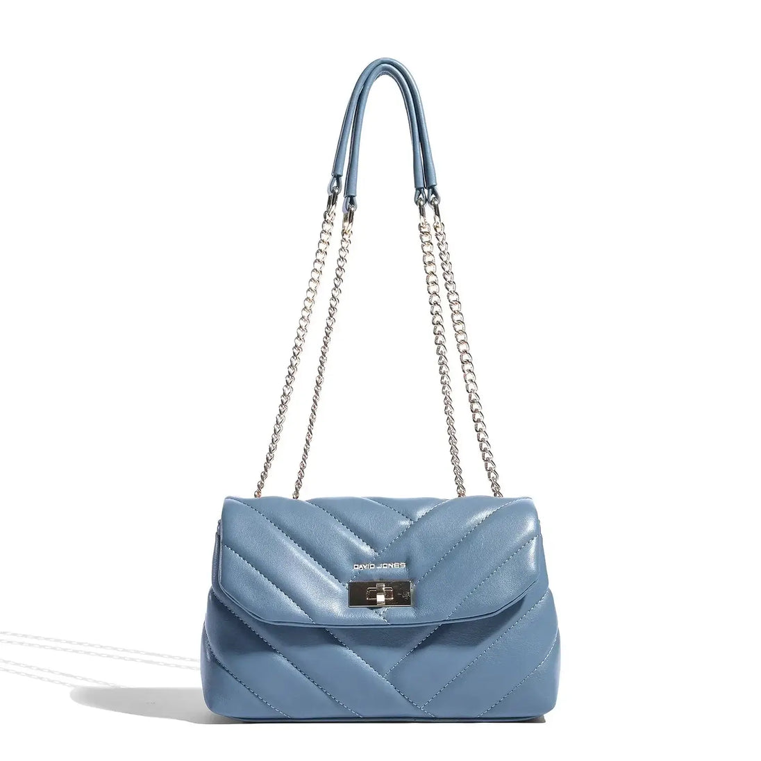 Light blue quilted crossbody bag with chain straps and stylish closure, perfect for women.