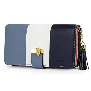 Womens Wallet RFID Blocking Genuine Leather in multi-color design with zipper closure and decorative tassel.