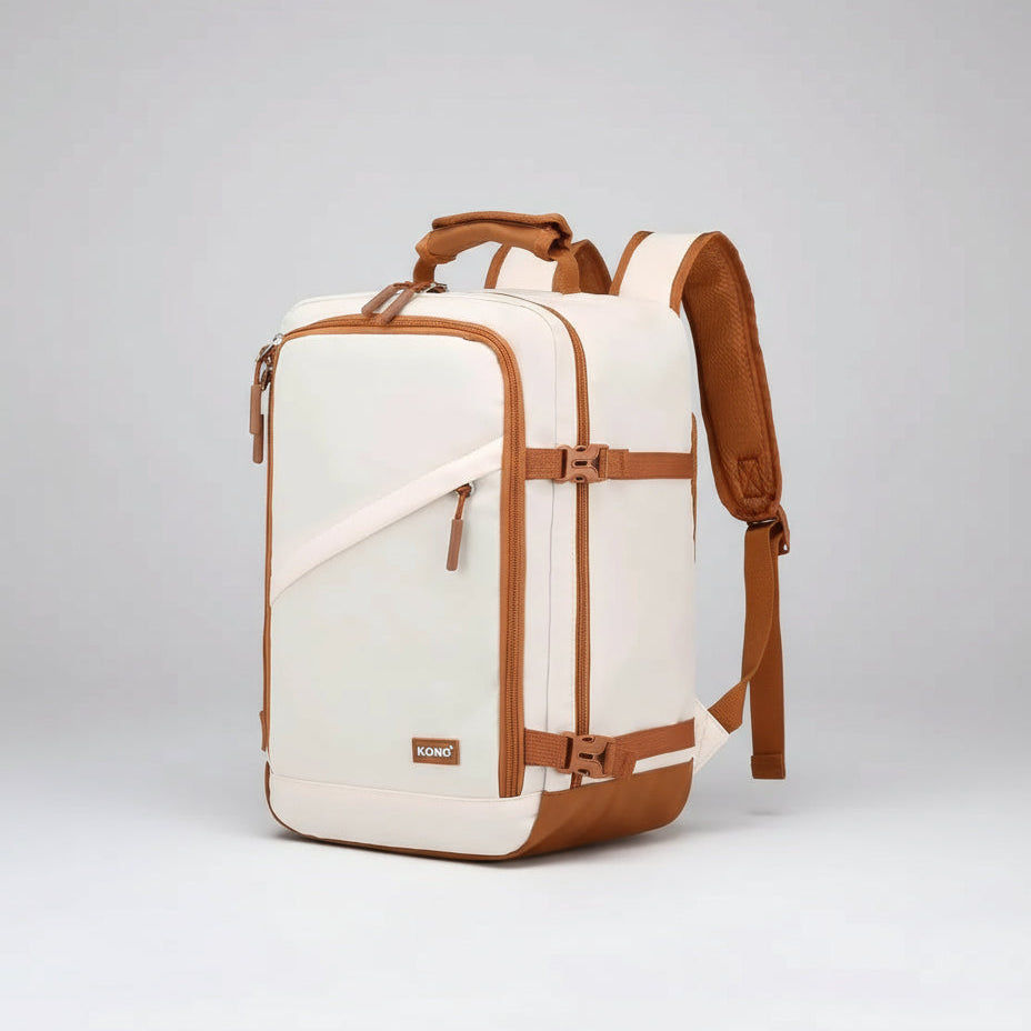 Backpack Waterproof Laptop Travel in white and brown, designed for style and safety with reflective details.