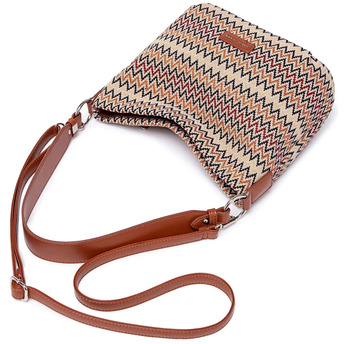 Women's shoulder bag, multicolor zigzag pattern, durable polyester, stylish and functional design.