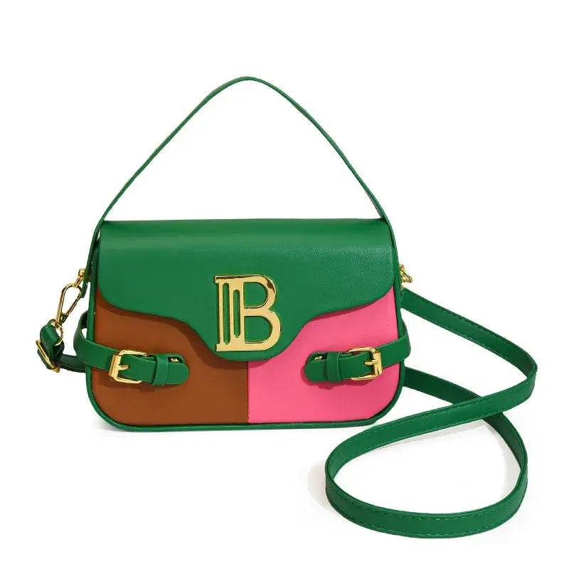 Womens crossbody bag with color-blocking in green, pink, and brown, featuring gold accents and adjustable strap.