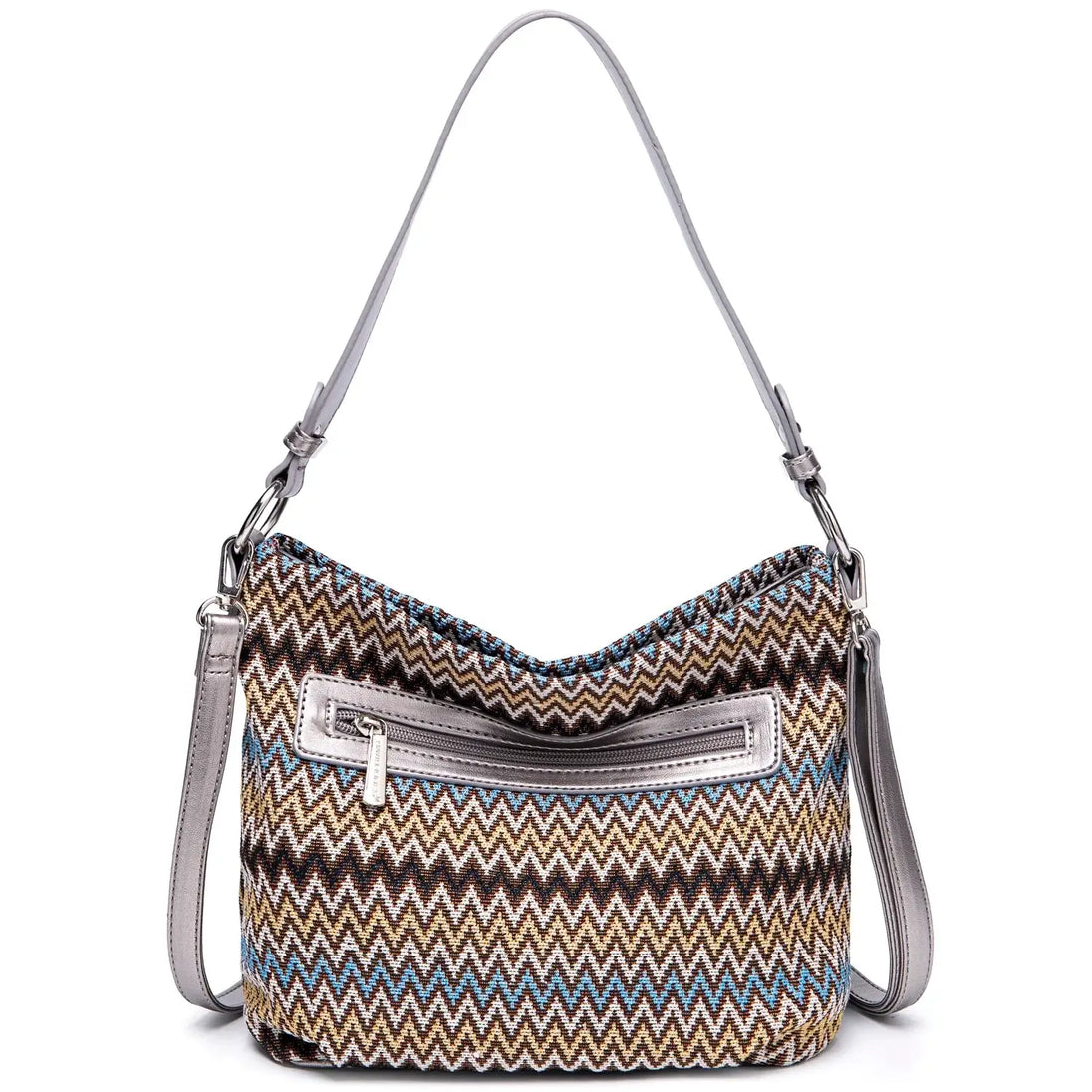 Multicolor zigzag shoulder bag for women, crafted from durable polyester with a stylish design.