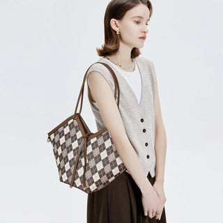 Women Tote Bag in plaid design, featuring zipper closure and shoulder straps, perfect for everyday use.