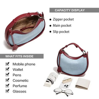 Denim Shoulder Bag with zipper pocket and capacity display showcasing mobile phone, wallet, pens, and more.