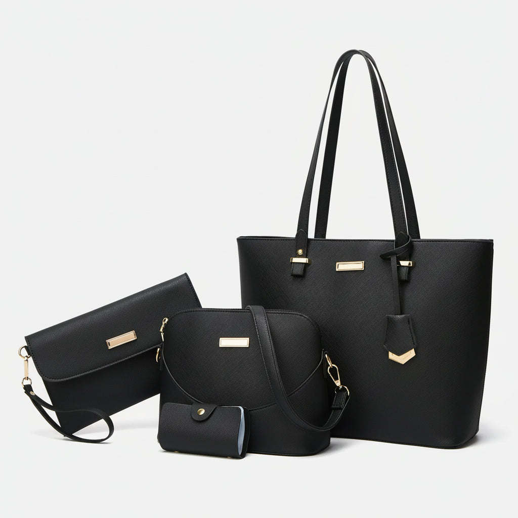 Women's Handbag 4-Piece Set featuring stylish PU leather products in black color.