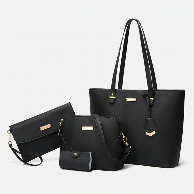 Women's Handbag 4-Piece Set featuring stylish PU leather products in black color.