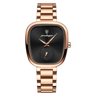Wristwatch for Woman with rose gold stainless steel band and black face, elegant design for daily wear.