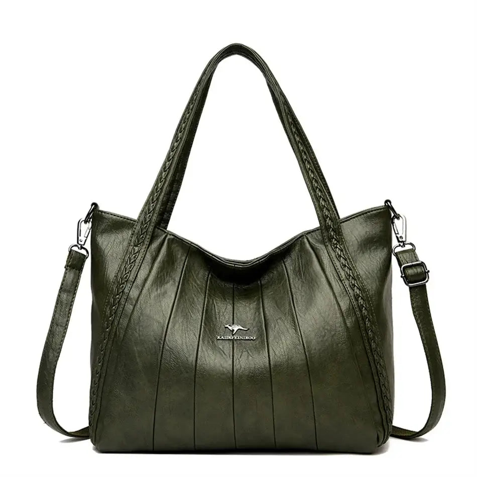 Soft Leather Tote Bag in olive green with a stylish braided design and logo detail.