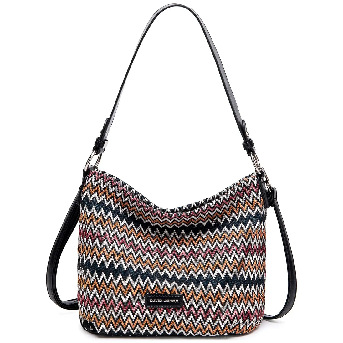 Multicolor zigzag pattern women's shoulder bag with black accents, perfect for casual elegance and daily use.