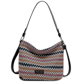 Multicolor zigzag pattern women's shoulder bag with black accents, perfect for casual elegance and daily use.