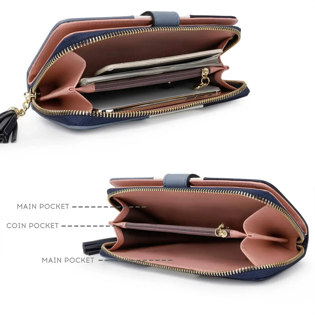 Womens Wallet RFID Blocking Genuine Leather interior view showing main and coin pockets for organization.