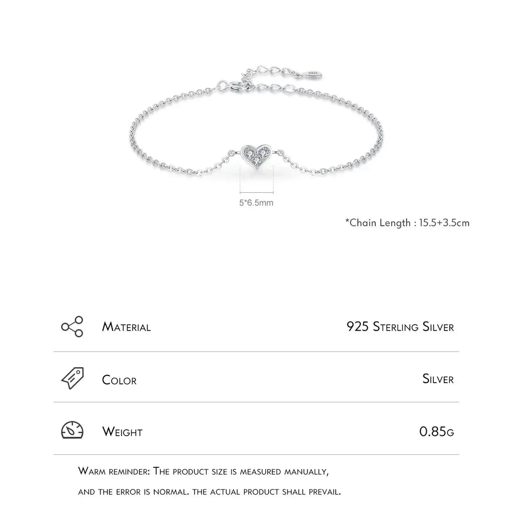 Bracelet 925 sterling silver with heart-shaped zircon accent, adjustable 15-18 cm, lightweight and hypoallergenic.