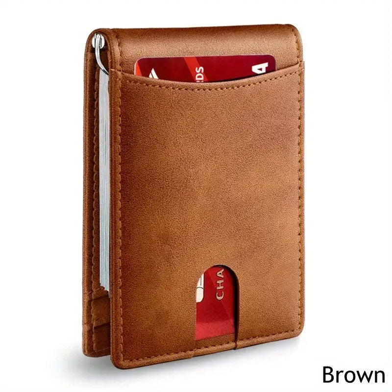 Men Wallet PU Credit Card Clip Mini RFID Blocking in brown, featuring slots for cards and a slim design.