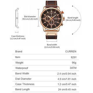 Luxury Chronograph Mens Watch with leather band, detailed specifications, and stylish design.
