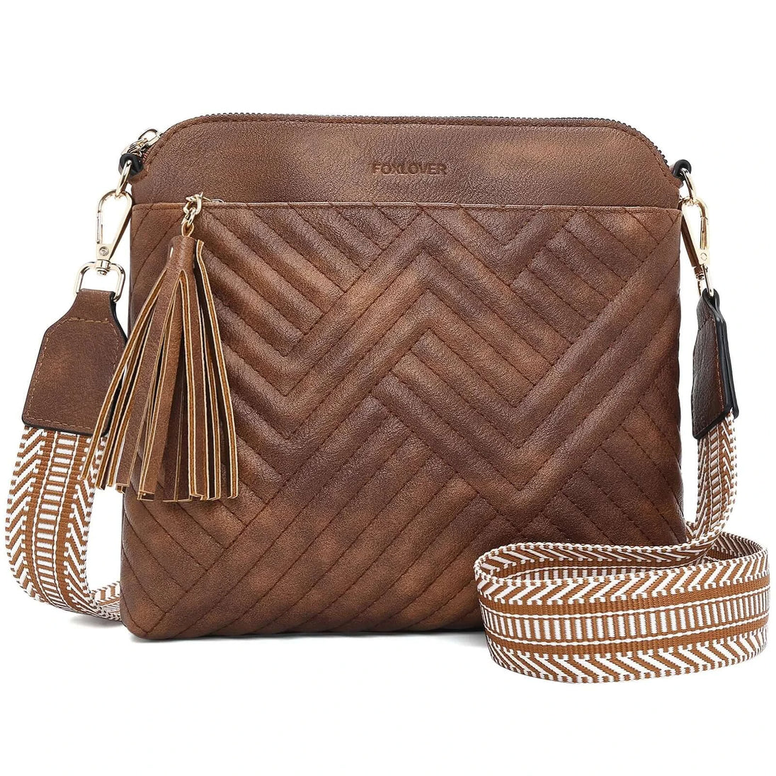 PU Crossbody Bag in brown with herringbone pattern and tassel detail, perfect for women's fashion.