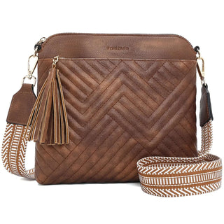 PU Crossbody Bag in brown with herringbone pattern and tassel detail, perfect for women's fashion.