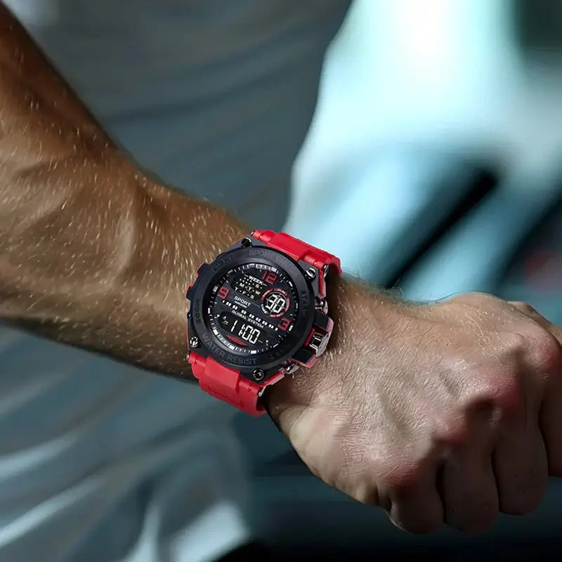 Mens Digital Sport Watch in red with a digital display, showcasing waterproof and electronic stopwatch features.