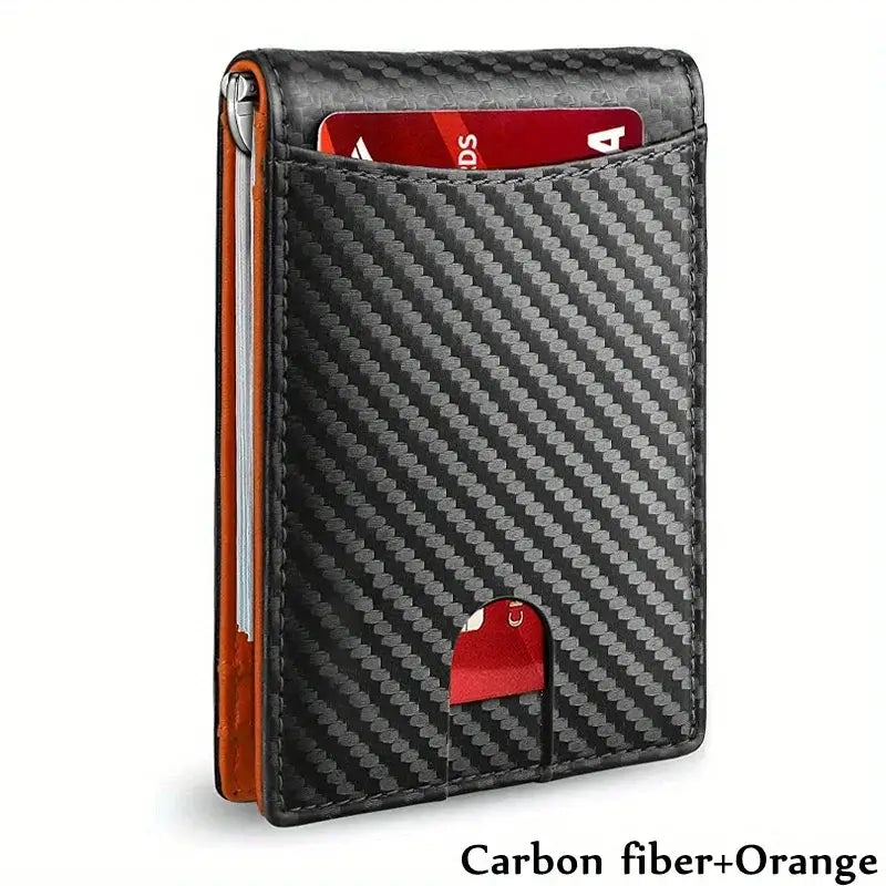 Men Wallet PU Credit Card Clip Mini RFID Blocking featuring carbon fiber and orange design.