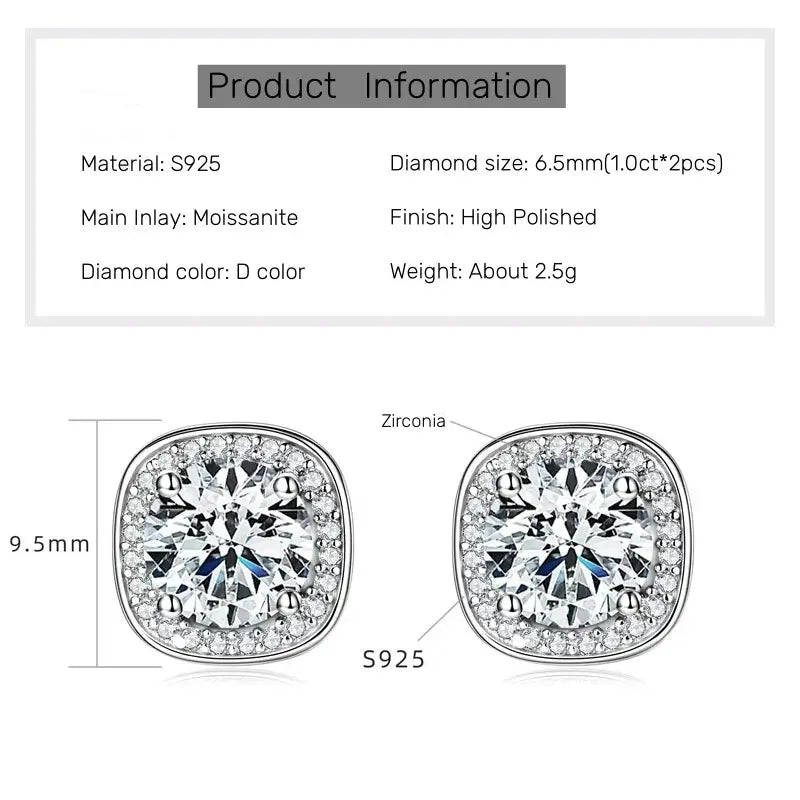 Moissanite Square Halo Earring showcasing D color diamond and S925 material, featuring a high polished finish.