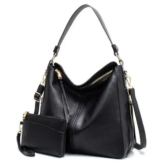 Hobo shoulder bag with wallet pouch, made of PU leather, featuring a stylish slouchy silhouette and gold-tone hardware.