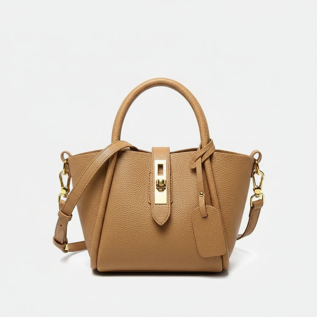 Women's Genuine Leather Bucket Bags in tan color with zipper closure and stylish design, perfect for parties.