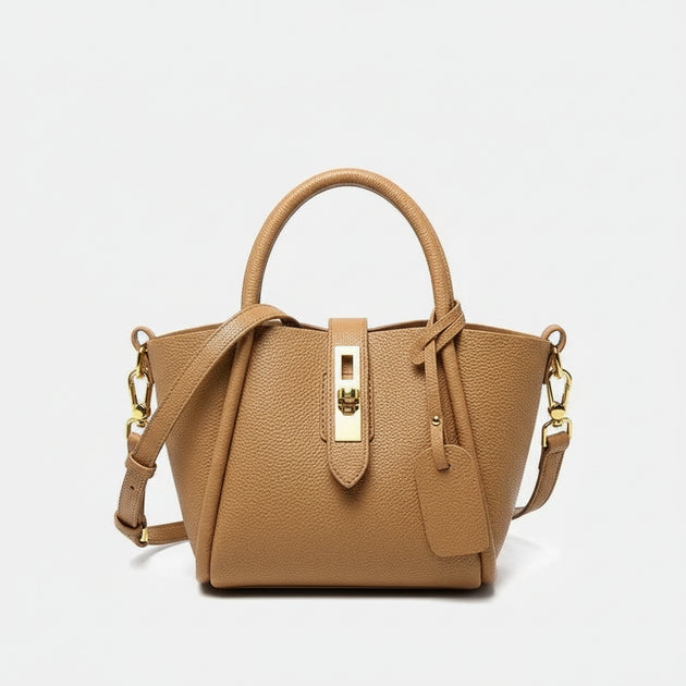 Women's Genuine Leather Bucket Bags in tan color with zipper closure and stylish design, perfect for parties.