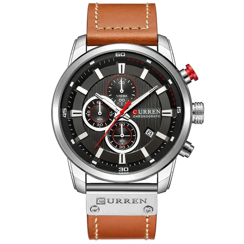 Luxury Chronograph Mens Watch featuring a black dial, leather band, and three chronograph sub-dials.