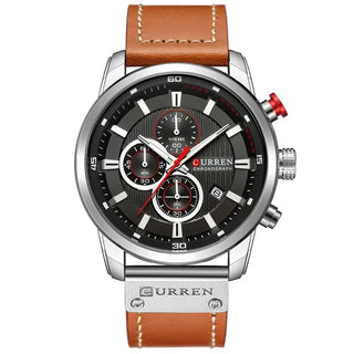 Luxury Chronograph Mens Watch featuring a black dial, leather band, and three chronograph sub-dials.